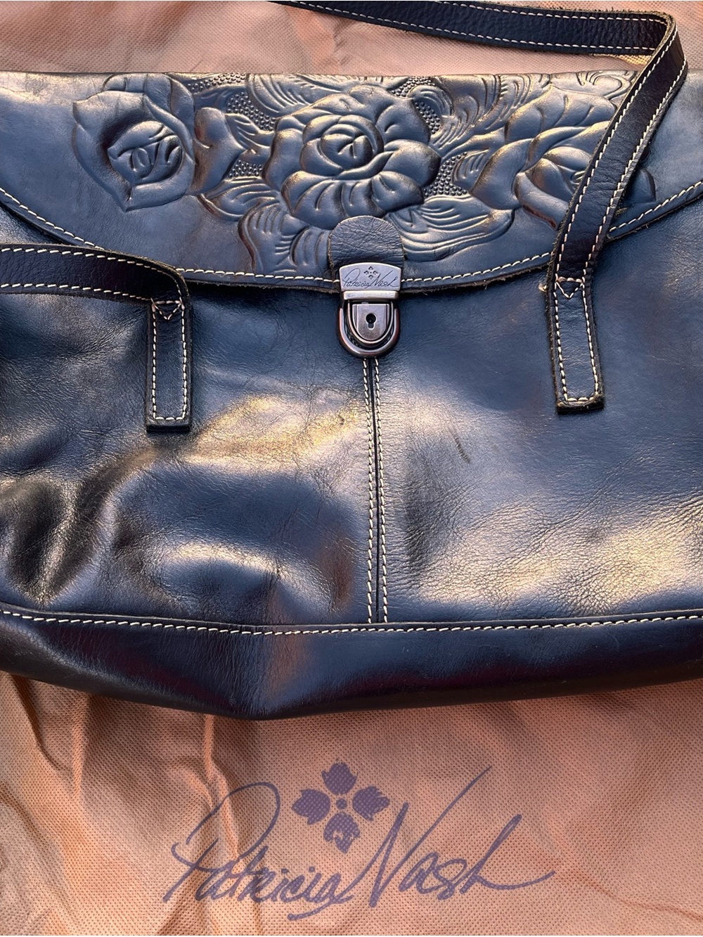 Patricia Nash Navy Tooled Floral Leather Shoulder Bag